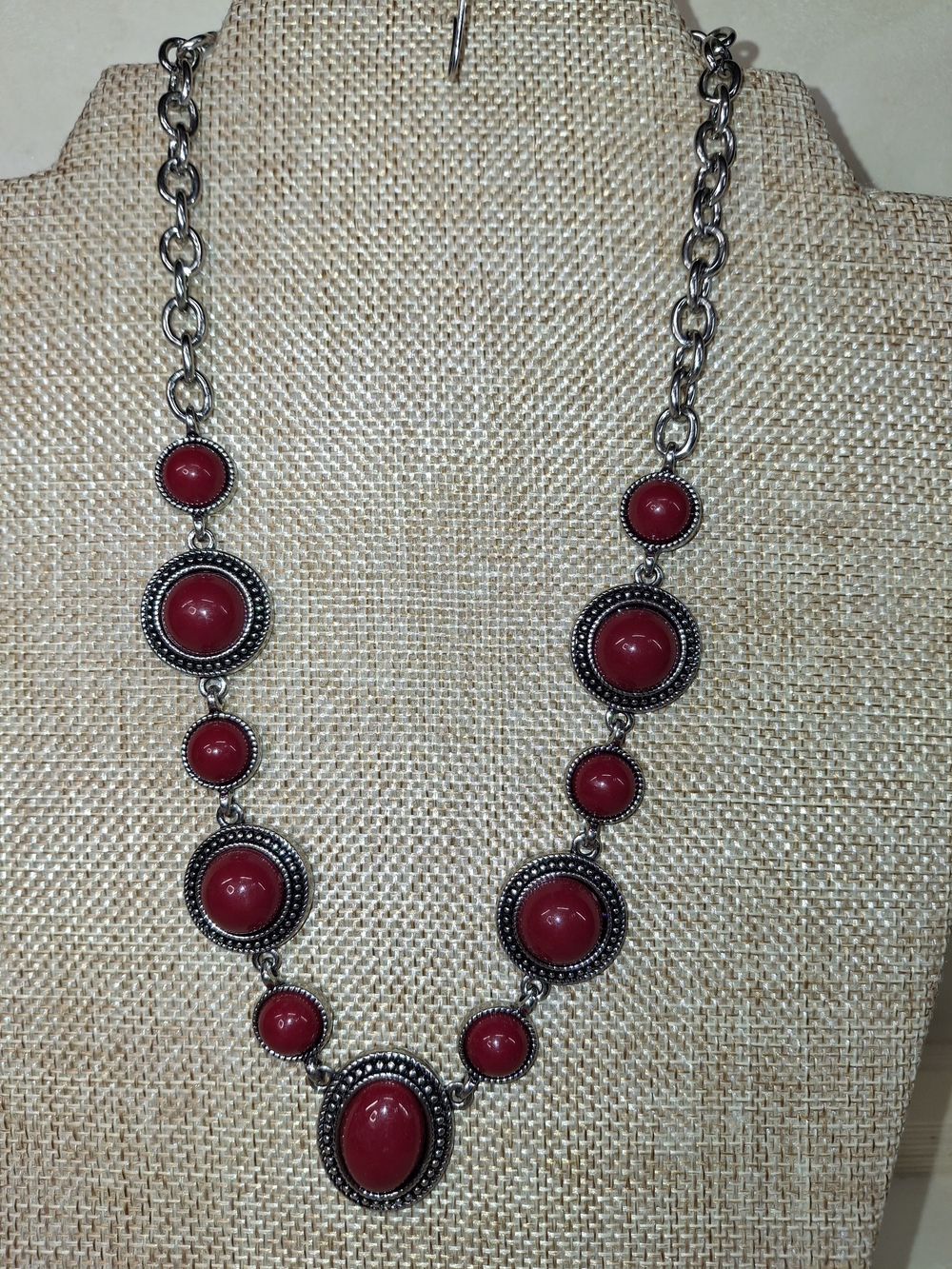 Red Beaded Statement Necklace - Silver-Tone Accents